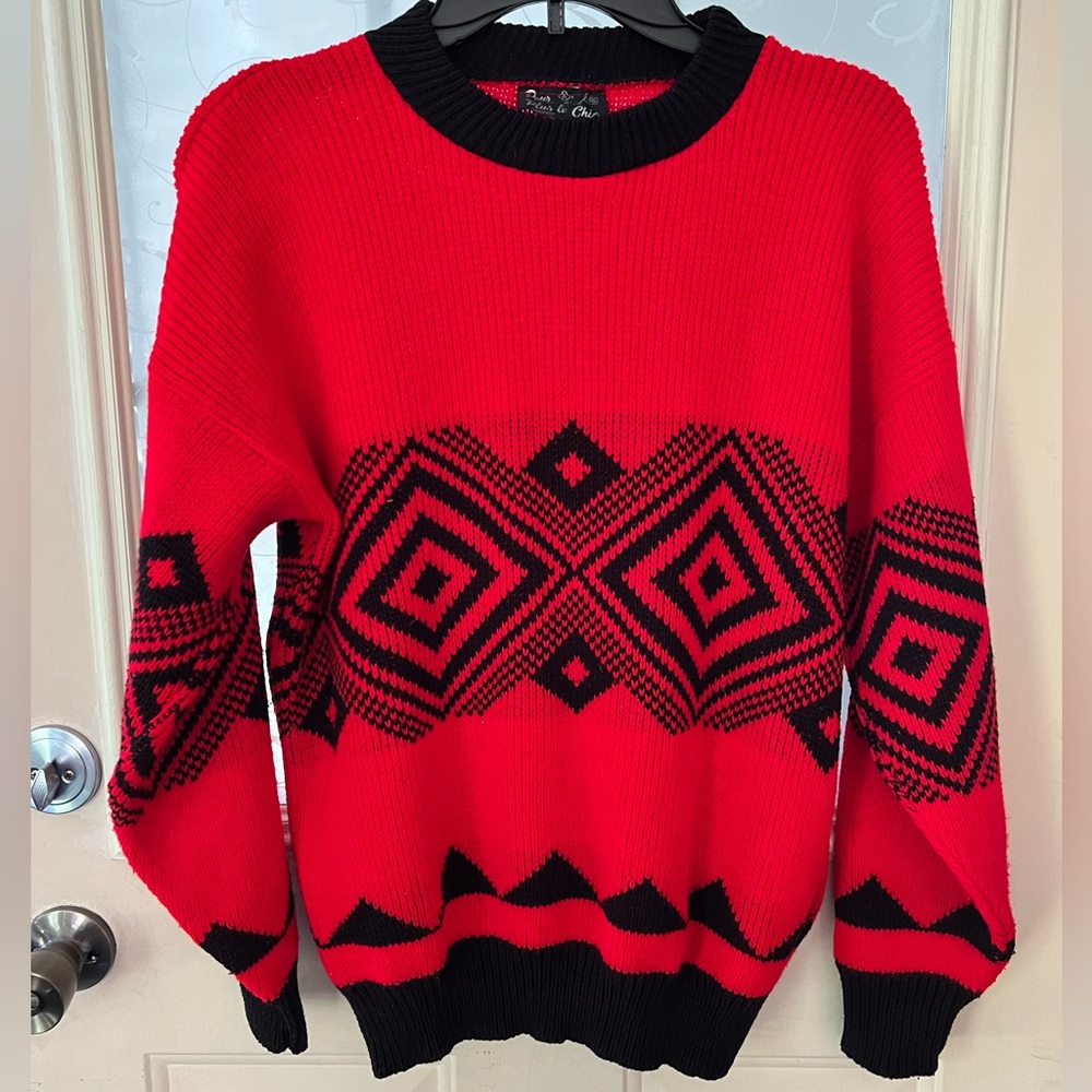 Vintage Pour Plus Le Chic red and black geometric 90s ski sweater L-XL.